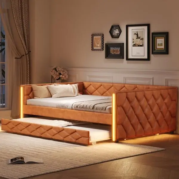【Bellemave】Full XL Size Upholstered Daybed with Trundle and LED, Brown (Expected Arrival Time: 9.17)