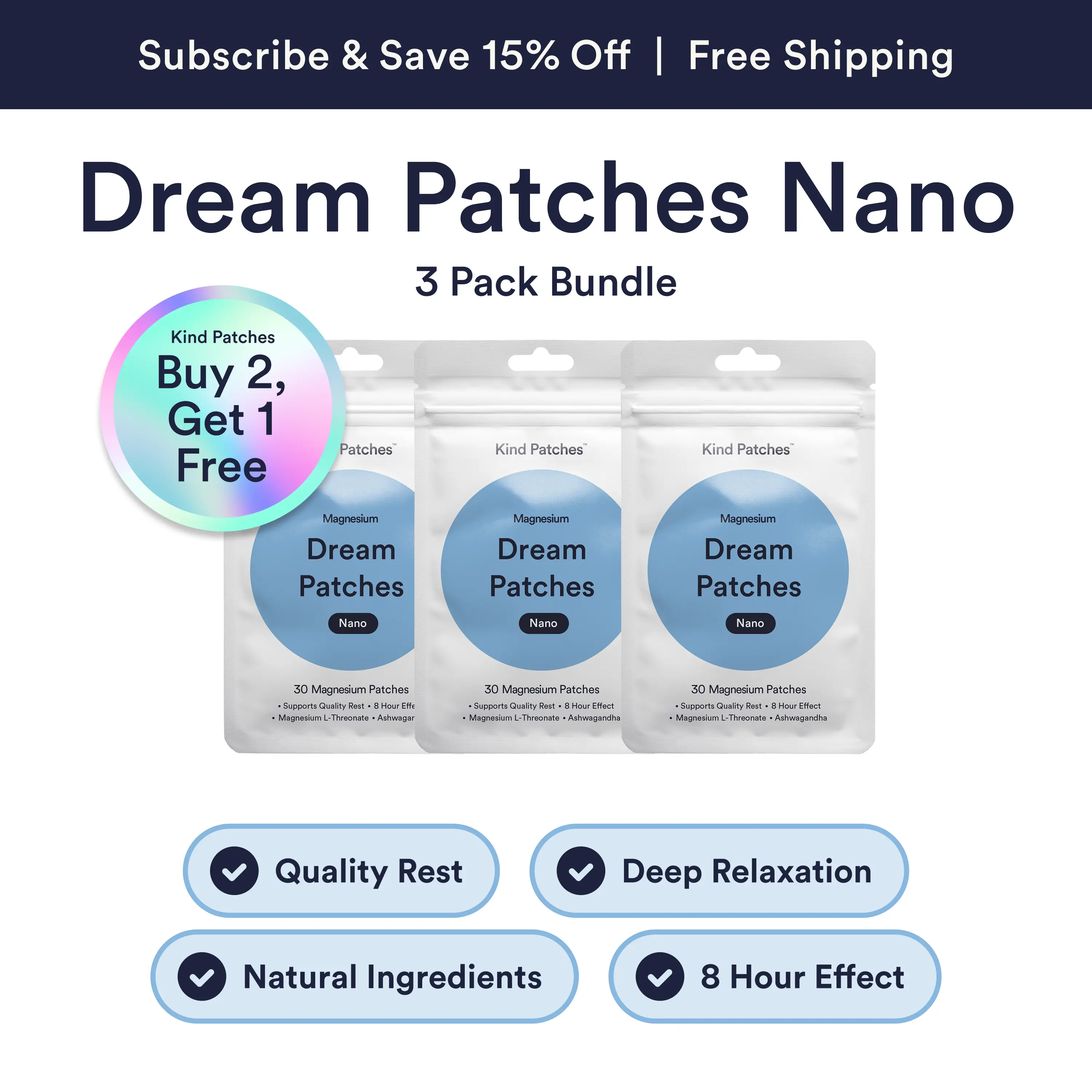 3 Packs of Kind Patches Dream Patches Nano, 90 Magnesium & Ashwagandha Patches, Support Quality Rest, 8 Hour Effect, Magnesium L-Threonate, Ashwagandha, 3 Months Supply