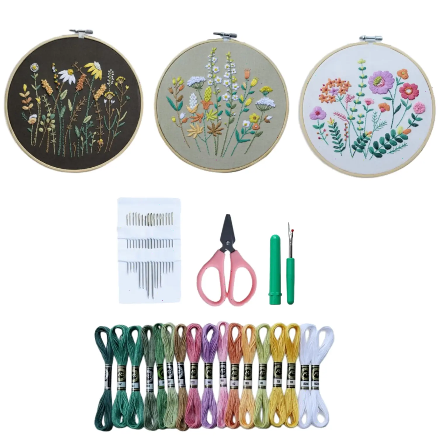 3-Pack Beginner Embroidery Kits for Adults - DIY Crafts Starter Set with Stamped Floral Designs, Embroidery Hoop, Colorful Threads, Needles, Step-by-Step Instructions, Video Tutorial