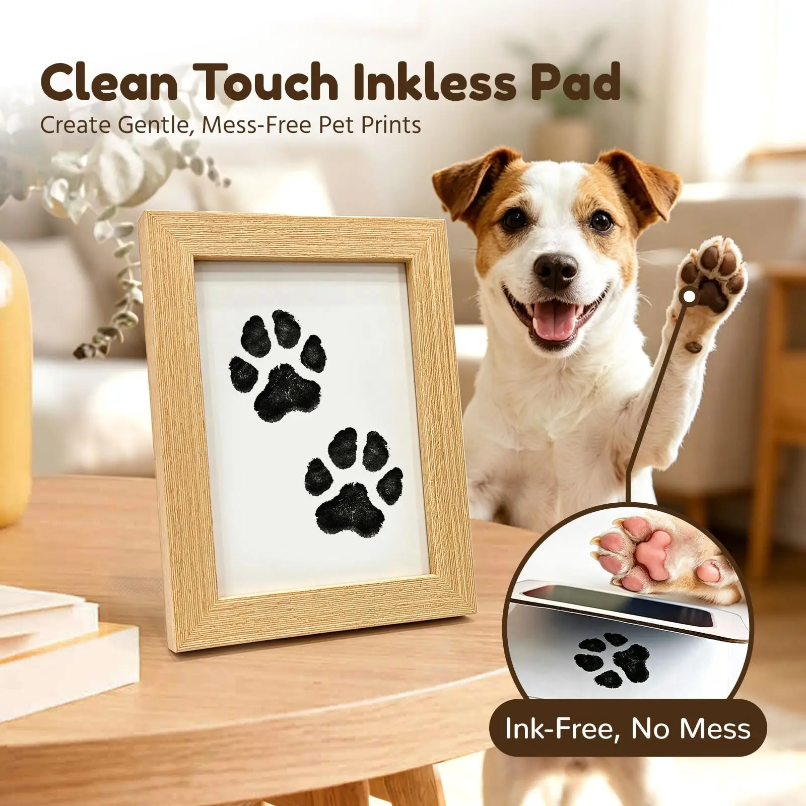 Inkless Paw Print Kit for Cats-Dogs - Compact, Durable, Fade-Resistant Pet Memorial Keepsake, Birthday Gift, Holiday Decoration - Includes 2 Inkless Ink Pads, Natural Wood Frame, Clean and Hygienic Handprint Creator, Birthday Gifts
