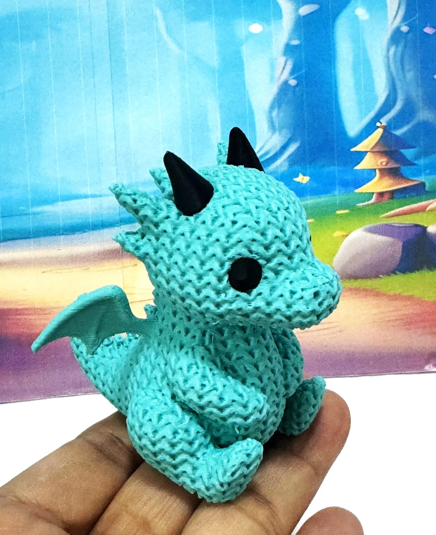 3D Printed Knitted Dragon Figurine, 2.75 Inches Teal Baby Dragon, Cute Gamer Shelf Decor, Desk Buddy