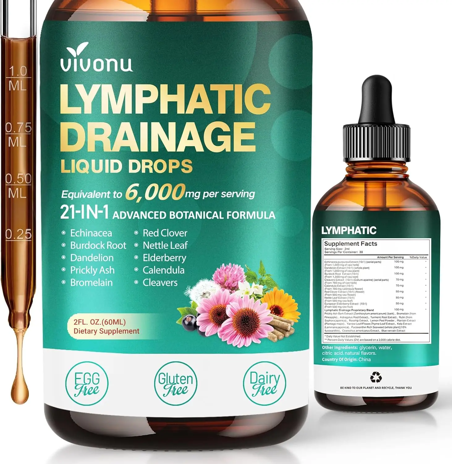 21-in-1 Lymphatic Drainage Drops for Liposomal Support - 6000mg Immune and Lymph System Supplement for Men and Women with Echinacea, Dandelion, Burdock, Bromelain, Calendula, and Turmeric - High Potency Liquid Formula
