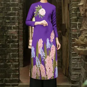 (2 màu) Set Traditional Vietnamese Pink and Purple Flowers Ao Dai Cach Tan - Bộ áo dài in 3D cách tân - Ready to ship - Square neck