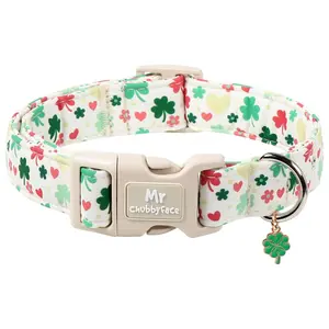Mr.Chubbyface St. Patrick's Day Dog Collar, Adjustable Cotton Clover Dog Accessory - Lightweight Collar for Small Medium Large Dpgs