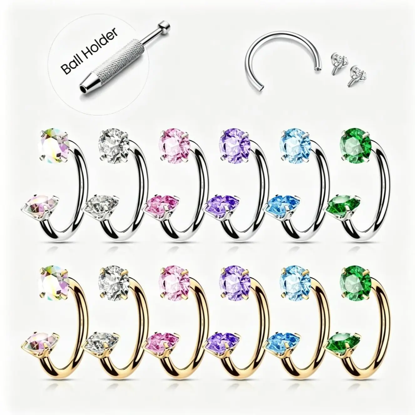 Luxe 6-Piece Titanium Horseshoe Hoop Body Jewelry - 18G Internally Threaded Gemmed, 1.0mm, 8mm Inner Diameter, Guiding Needle, Free Ball Holder, Beginner-Friendly, Unisex Fashion Nose Piercing Jewelry, Small Nose Ring Piercing Accessory, Everyday Wear