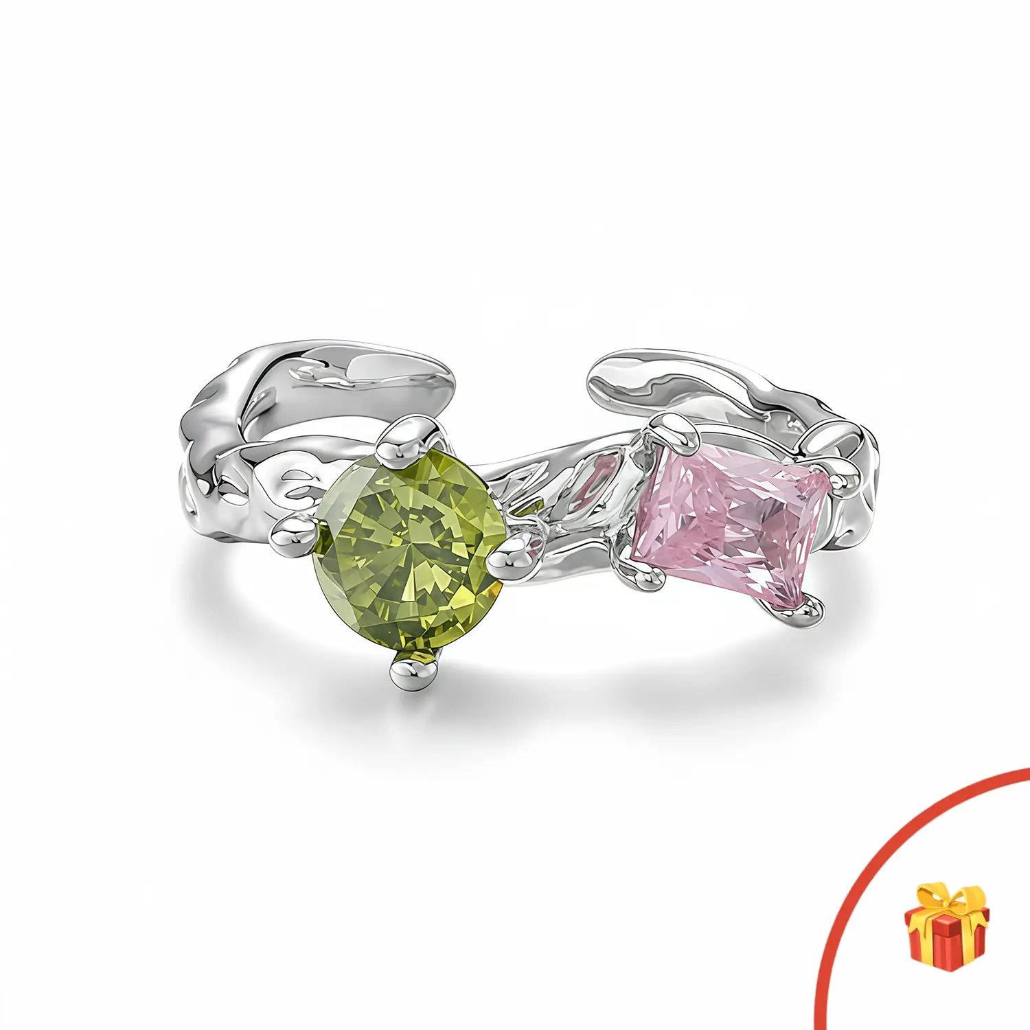 Adjustable Fairycore Two-Stone Ring with Pink & Green Gems, Magical Molten Band Jewelry, Cute Statement Gift for Her