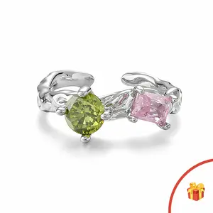 Adjustable Fairycore Two-Stone Ring with Pink & Green Gems, Magical Molten Band Jewelry, Cute Statement Gift for Her