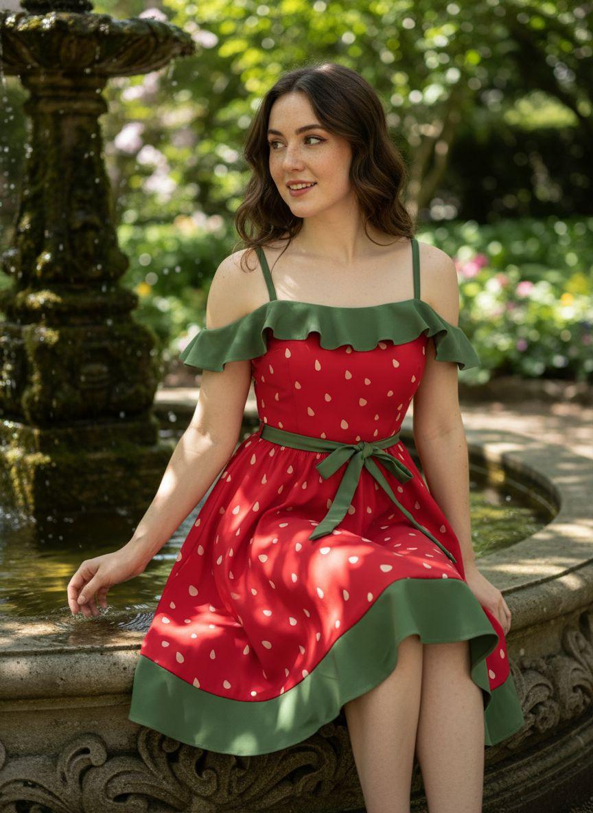 RED 1950S STRAWBERRY RUFFLE BELT DRESS Casual Boho Bohemian Sleeveless Spaghetti Strap Womenswear