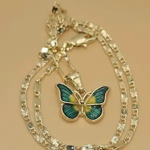 Green/Yellow Butterfly Charm with 3mm 17.95 Inches Chain Copper Gold Plated 7.8 Grams Elegant Jewelry Accessory