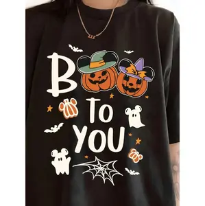 Charming Halloween T-Shirt Featuring Spooky Prints and Mickey-Inspired Design for Family Gatherings and Casual Outings Top Womenswear