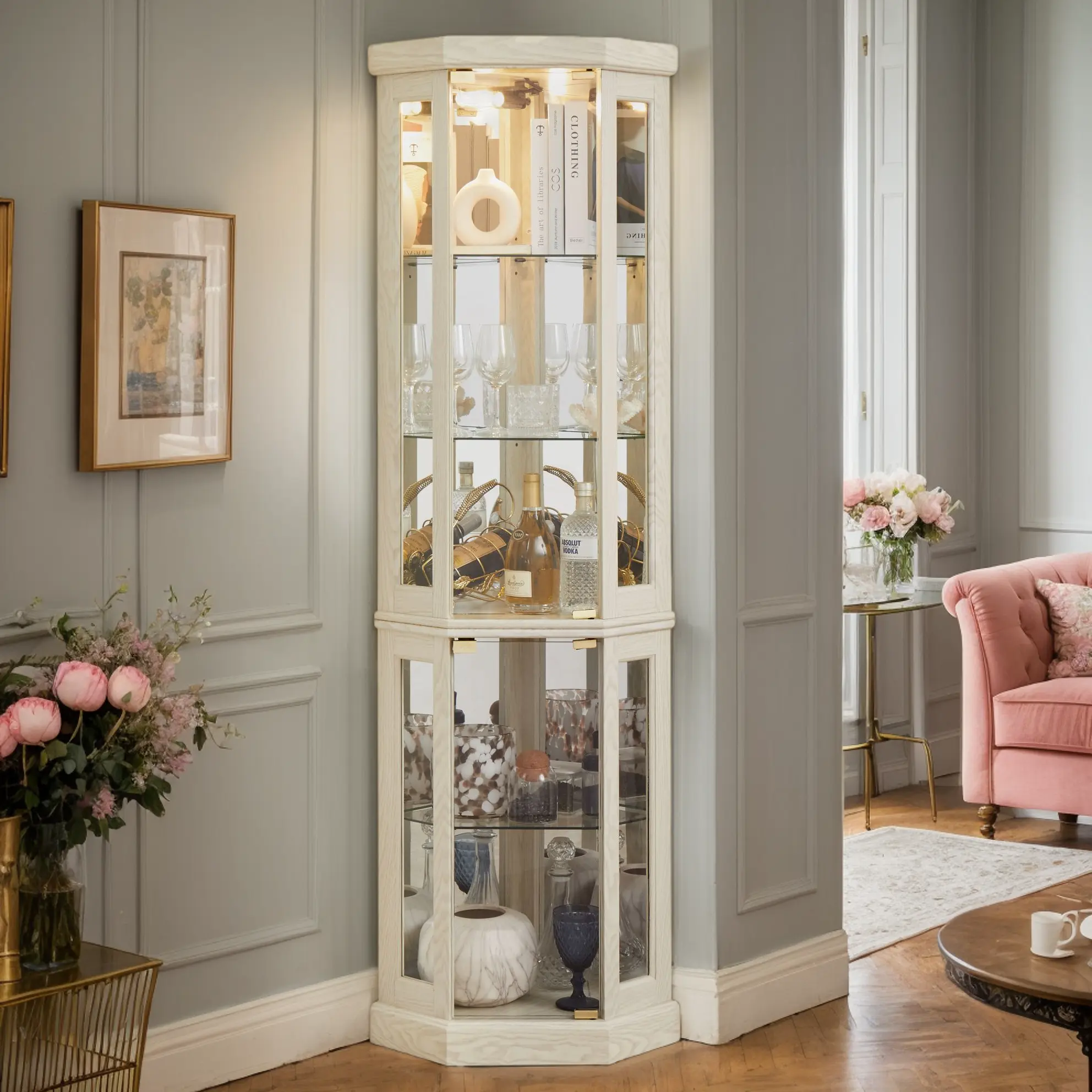 Eyisean 70" H Curio Corner Cabinet, Lighted Glass Display Cabinet with Adjustable Shelves, Mirrored Back, , Light Bulb Inclued, Tempered Glass Door, 150 Lbs Weight Capacity, Wooden China Cabinet for Living Room,dorm essentials,home decor
