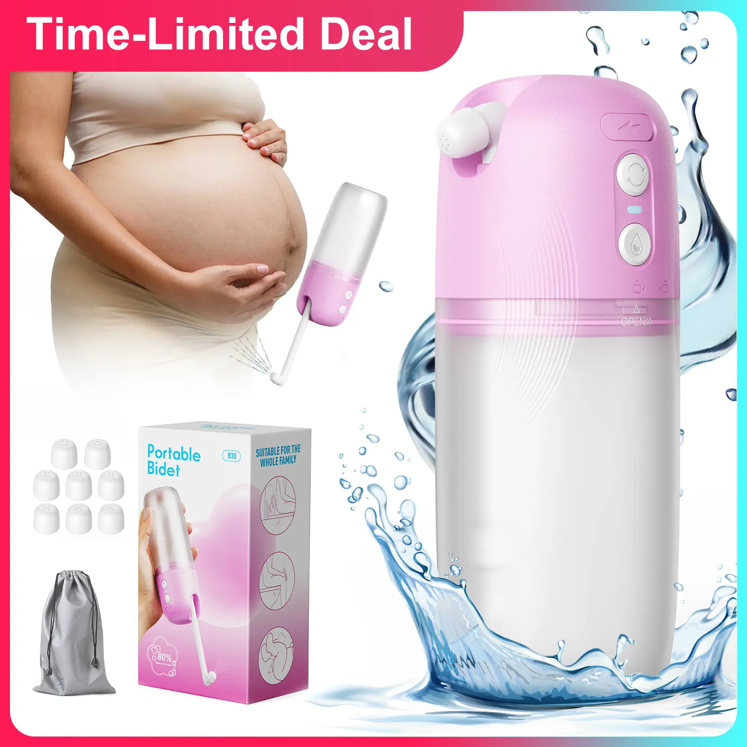 Electric Portable Bidet, Toilet Sprayer, Rechargeable USB-Type C Handheld High Pressure Sprayer, 8 Replaceable Nozzles and Rechargeable Battery for Travel and Postpartum Use (Pink & White)