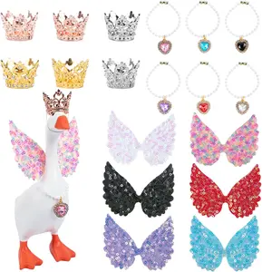 6 Set 7 inch Desk Goose Outfits - Glamorous Desk Goose Accessories - Mini Chain Collar, Crown&Glitter Angel Wings, Mini Goose Clothes for Magnetic Goose Key Holder Duck Statue, Valentine Decor Gifts