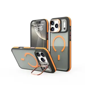Shockproof Magsafe iPhone Case with Lens Stand for iPhone 11 12 13 14 15 16 17 - Orange & Black Design, Samsung Case S23 S24 S25 Ultra