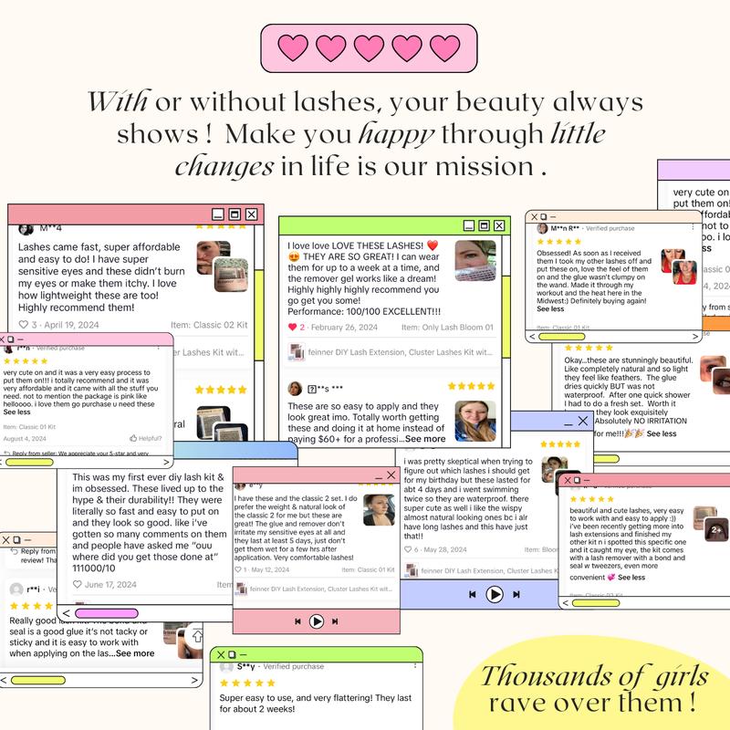 Feinner Classic DIY Lash Extension Kit Natural Look Waterproof with Bond Seal Remover Soft D Curl 8-16mm 8-12mm Mix for Beginners Friendly Salon Quality at Home Must-Have Cluster