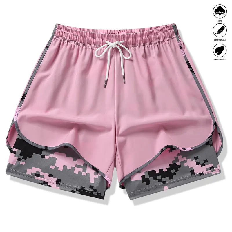 Lady's Run-Friendly Colorblock Polyester Casual Loose Athletic Shorts - Built-in Liner, Fake Drawstring, Elastic Waistband - Fashion Run-To-Casual Activewear Bottoms for Fitness, Outdoor Activities