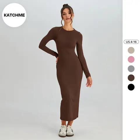 KatchMe Women's Elegant Solid Color Round Neck Long Sleeve Slinky Maxi Dress, Comfort Women's Clothing for Spring & Fall, Chic Summer Casual Wear