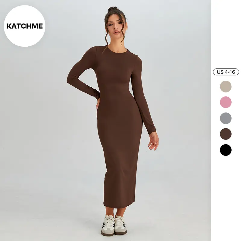 KatchMe Women's Elegant Solid Color Round Neck Long Sleeve Slinky Maxi Dress, Comfort Women's Clothing for Spring & Fall, Chic Summer Casual Wear