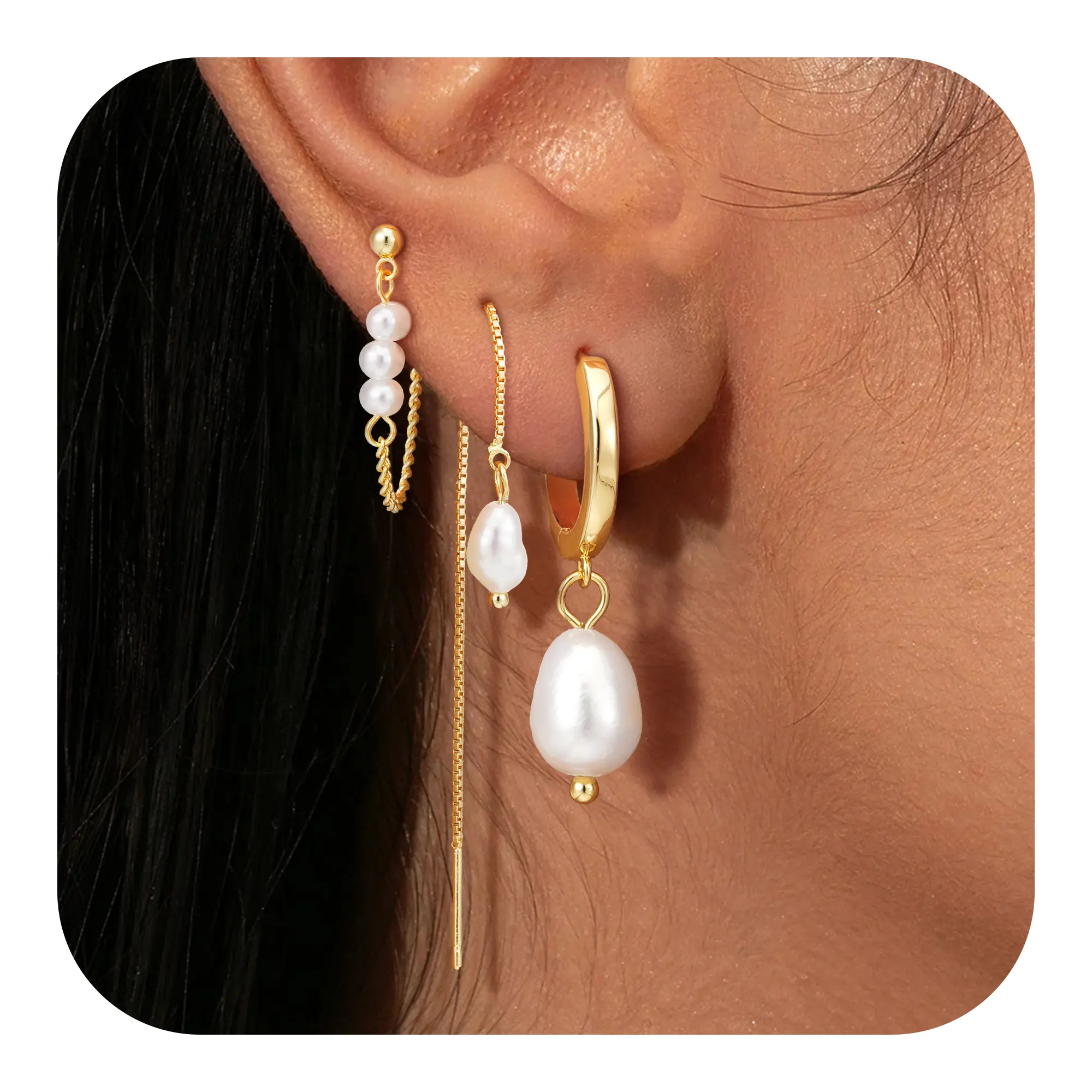 Turandoss 14K Gold Plated Pearl Earring Set - 3 Pairs of Mismatched Hoops, Threaders & Studs - Modern Pearl Jewelry for Multiple Piercings - Everyday Ear Stack Essentials