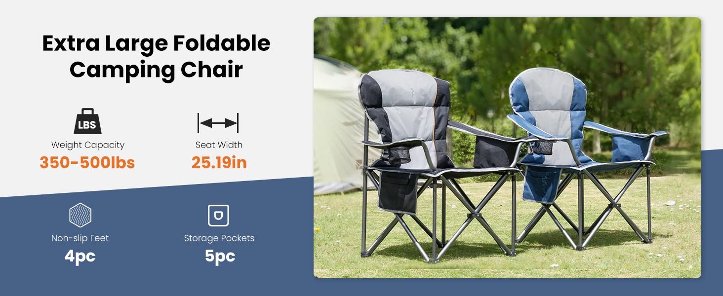 Folding Camping Chairs, Outdoor Collapsible Padded Chairs with Cup Holder & Cooler Bag, Heavy Duty Portable Camping Chair for Garden Beach Fishing Sports