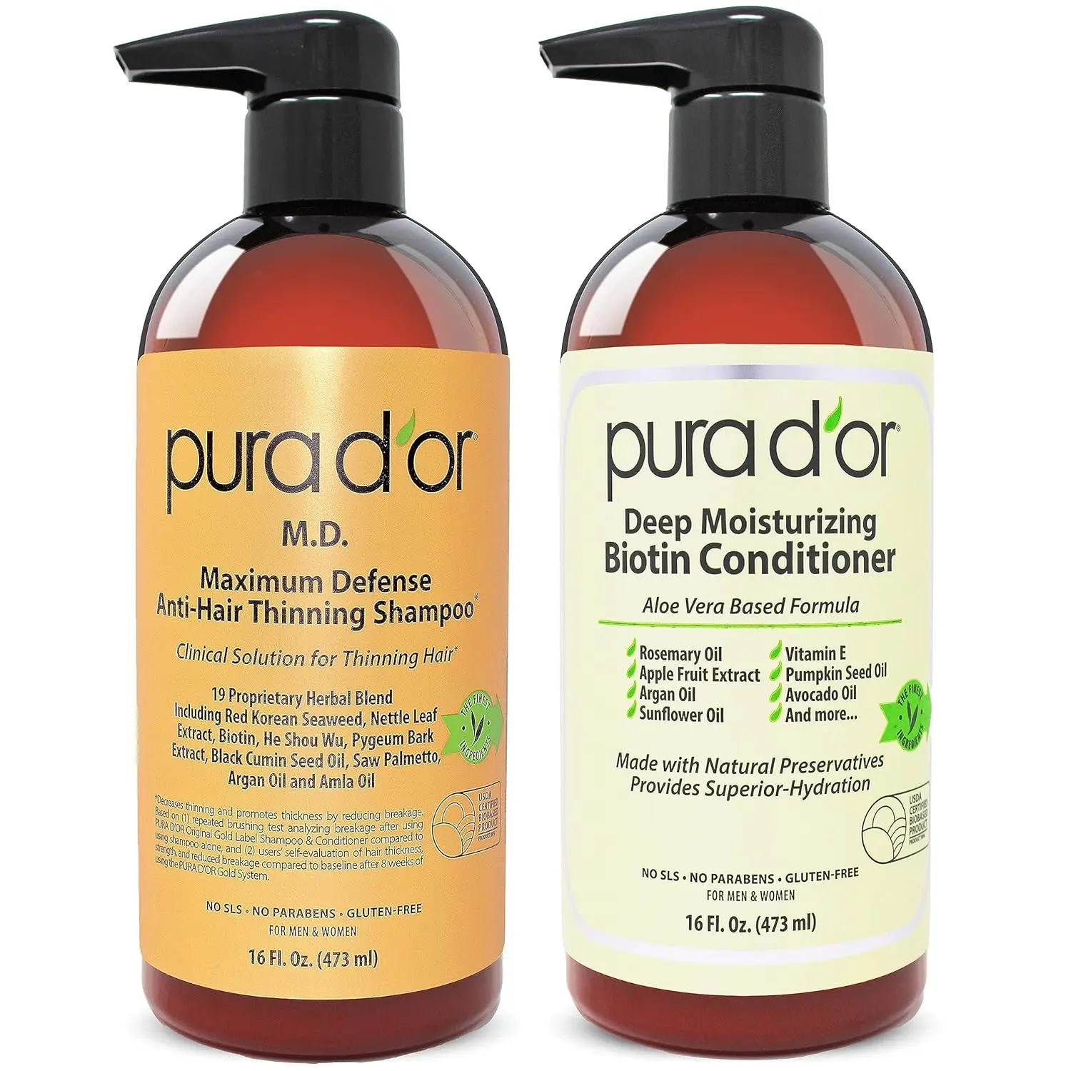 PURA D’OR M.D. Anti Hair-Thinning Shampoo & Conditioner Set 16oz (473ml) – Clinical Strength Biotin Hair Thickening System for Thinning Hair & Scalp Care
