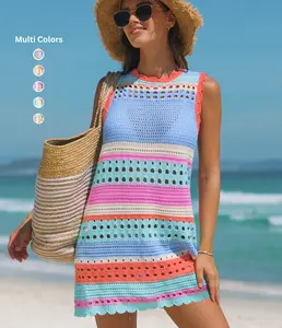 Popvil Color Contrast Women’s Crochet Knit Swim Cover-Up Dress with Colorblock Design – Vacation & Beach Ready