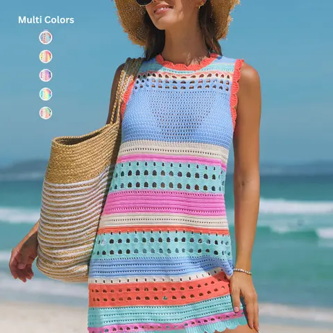 POPVIL Women’s Color Contrast Crochet Knit Swim Cover-Up Dress - Beachwear Cover Up, Vacation-Ready Sports & Outdoor Accessory
