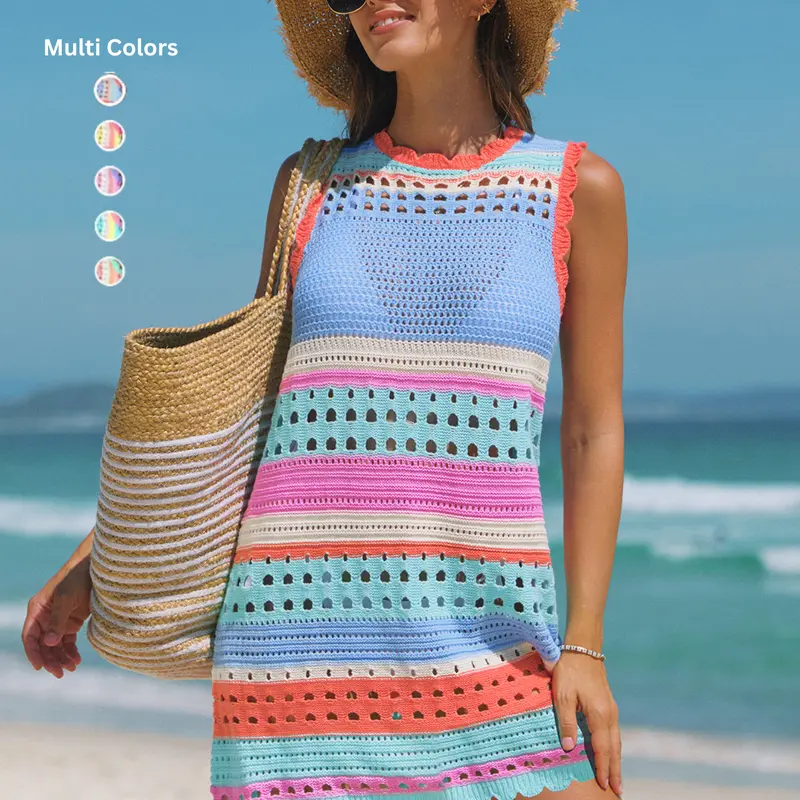 POPVIL Women’s Color Contrast Crochet Knit Swim Cover-Up Dress - Beachwear Cover Up, Vacation-Ready Sports & Outdoor Accessory