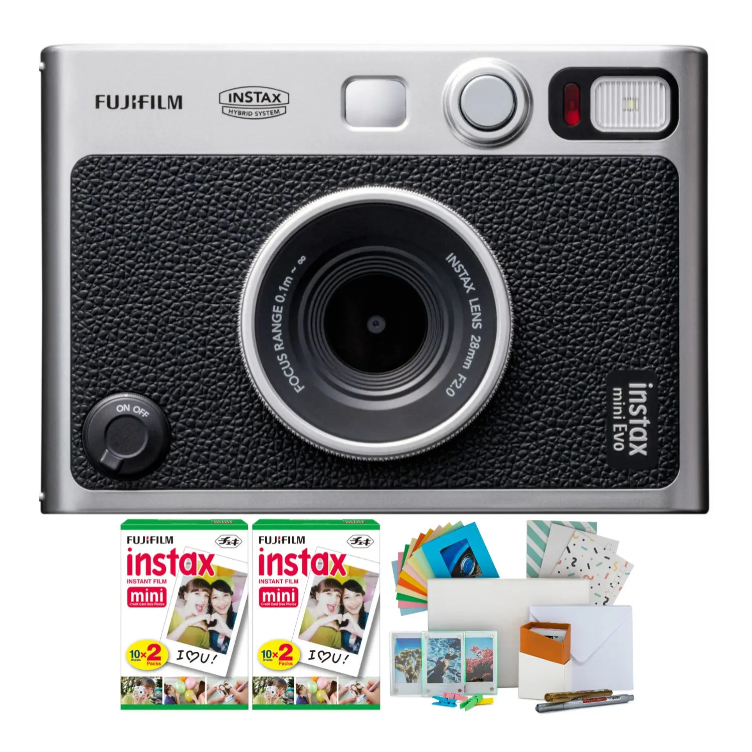 Fujifilm Instax Mini EVO Hybrid Instant Camera Kit - 100 Shots, 40-Exp Film, 13 Frames Cartridge, Adjustable Lens, Photobox, Selfie Capability, Built-In Flash, App Syncing (for Parties), Party