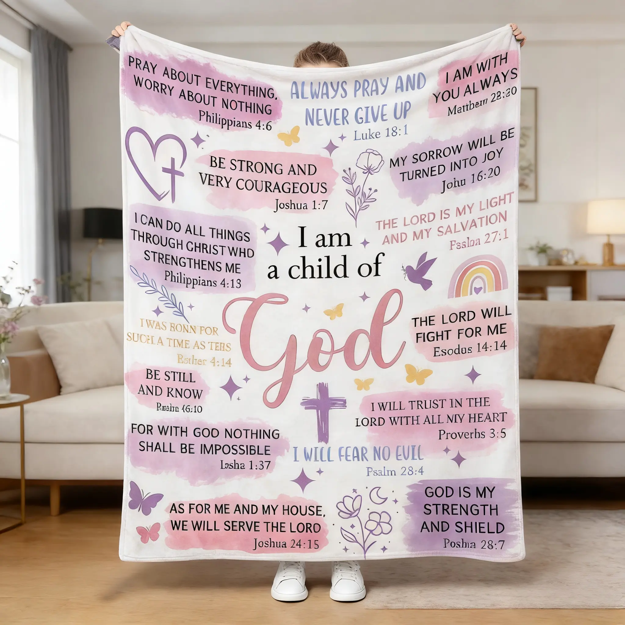 Faith-Based Printed Flannel Soft Throw Blanket (60x80 in) - "I Am A Child Of God" Bible Quote Collage, Pastel Watercolor Religious Print, Blankets for Sofa, Girl Room Decor, Heartwarming Gift for Girls,back to school,back to school shopping,home decor