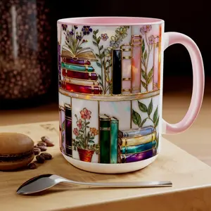 Stained-Glass Style Floral Bookshelf Mug, Book Lover Gift, Bookish Accent Mug, Library Cup 11oz-15oz