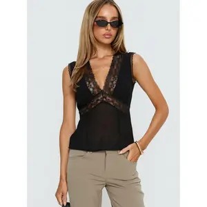 Noven Tie Back Lace Trim Top Black