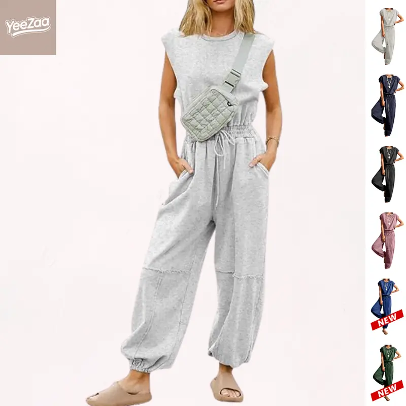 YeeZaa One Piece Jumpsuit Romper for Women Casual Crewneck Cap Sleeve Oversized Backless Jumpsuits Adjustable Drawstring Waist Wide Leg Pants Cinched Ankle Hem Cotton Blend Jumpsuit with Two Side Pockets Loungewear