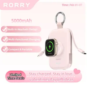 RORRY Mini Portable Power Bank 5000mAh USB Type-C Charger with Built-in Cable & Keychain for Apple Watch iPhone 17-12 Series Compact Travel-Friendly Design PerfectGift   valentinesdaygiftideas