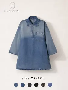 Elengatine Women's Denim Dress Half-Zip Collared Vintage Washed Blue Loose Fit Long Sleeve One Chest Pocket Trendy Casual Top for Daily Wear & Street Style Looks - Chic Autumn and Winter - Womenswear Suitable for all people, sizes range from XS - 5XL