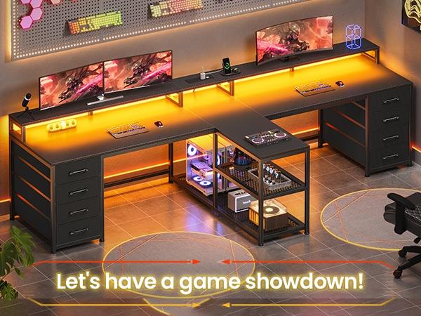 SEDETA 94.5 Inch 2 Person Gaming Desk Long Office Computer Desk with LED Lights 8 Storage Drawers Power Outlet