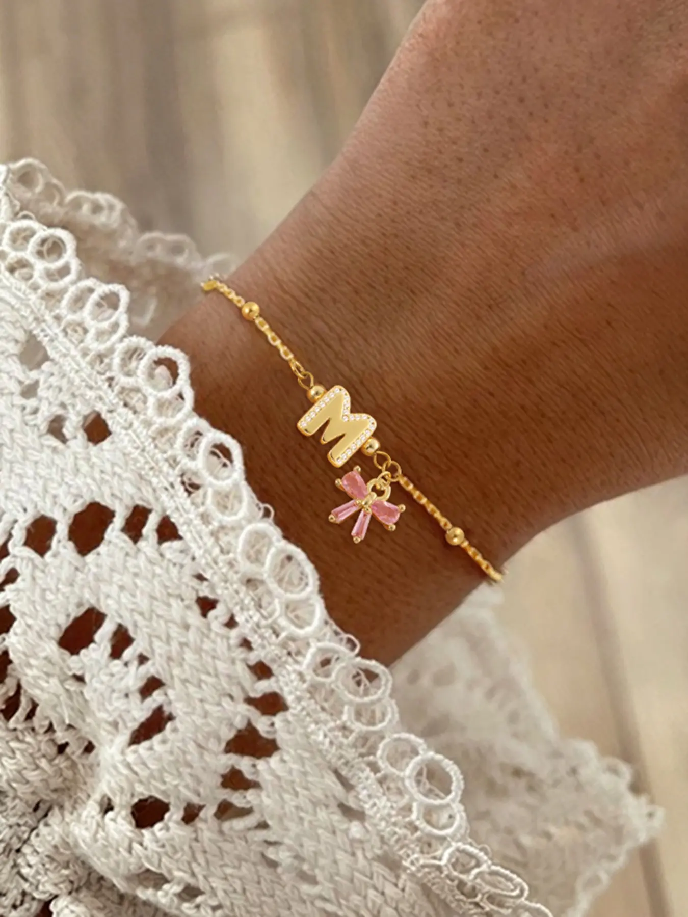 Elegant Pink Bow Bracelet, Micro-Set Zircon Bubble Initial Design, Stainless Steel Chain, Women's Fashion Jewelry
