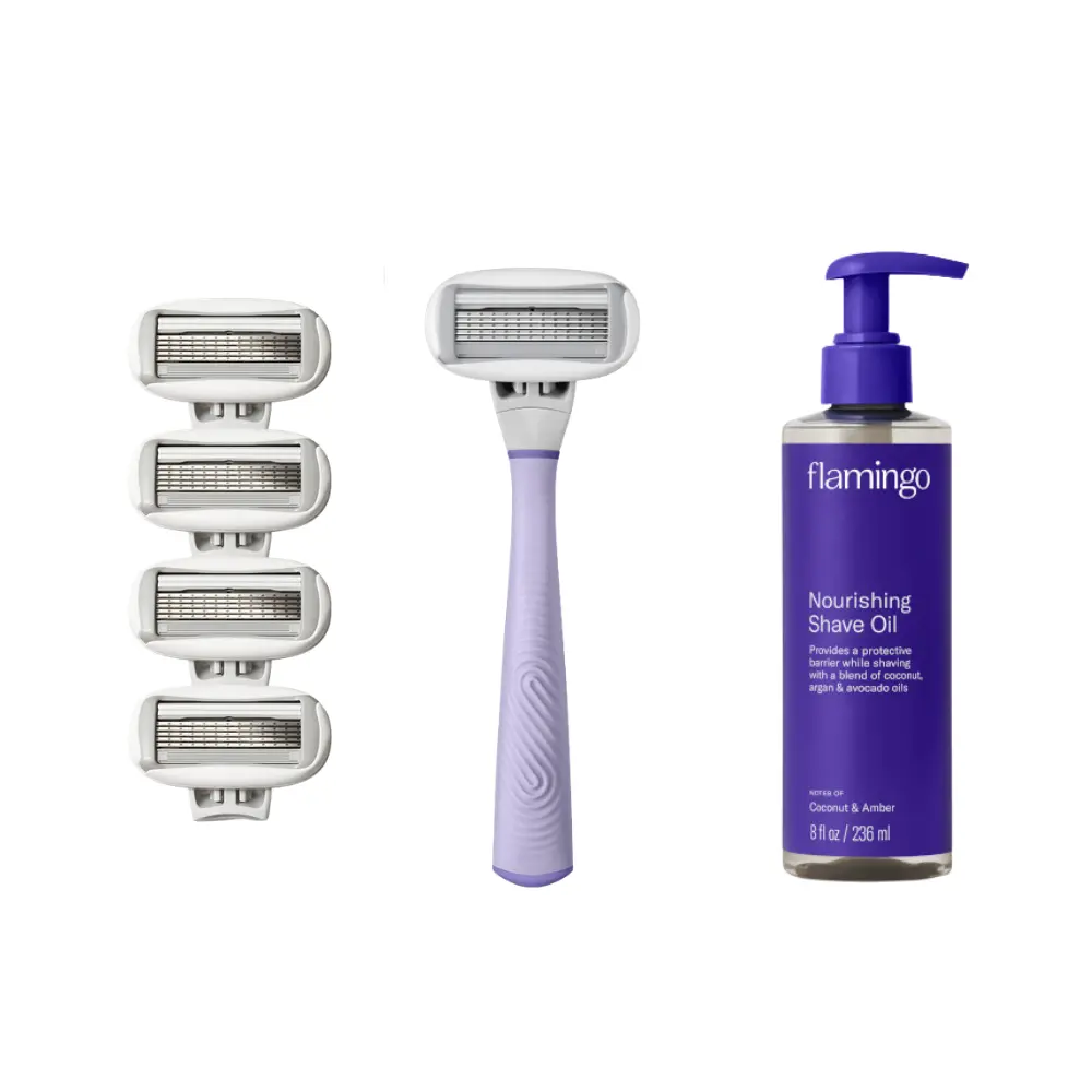 Flamingo Razor + 4pc Refills and Shave Oil Bundle