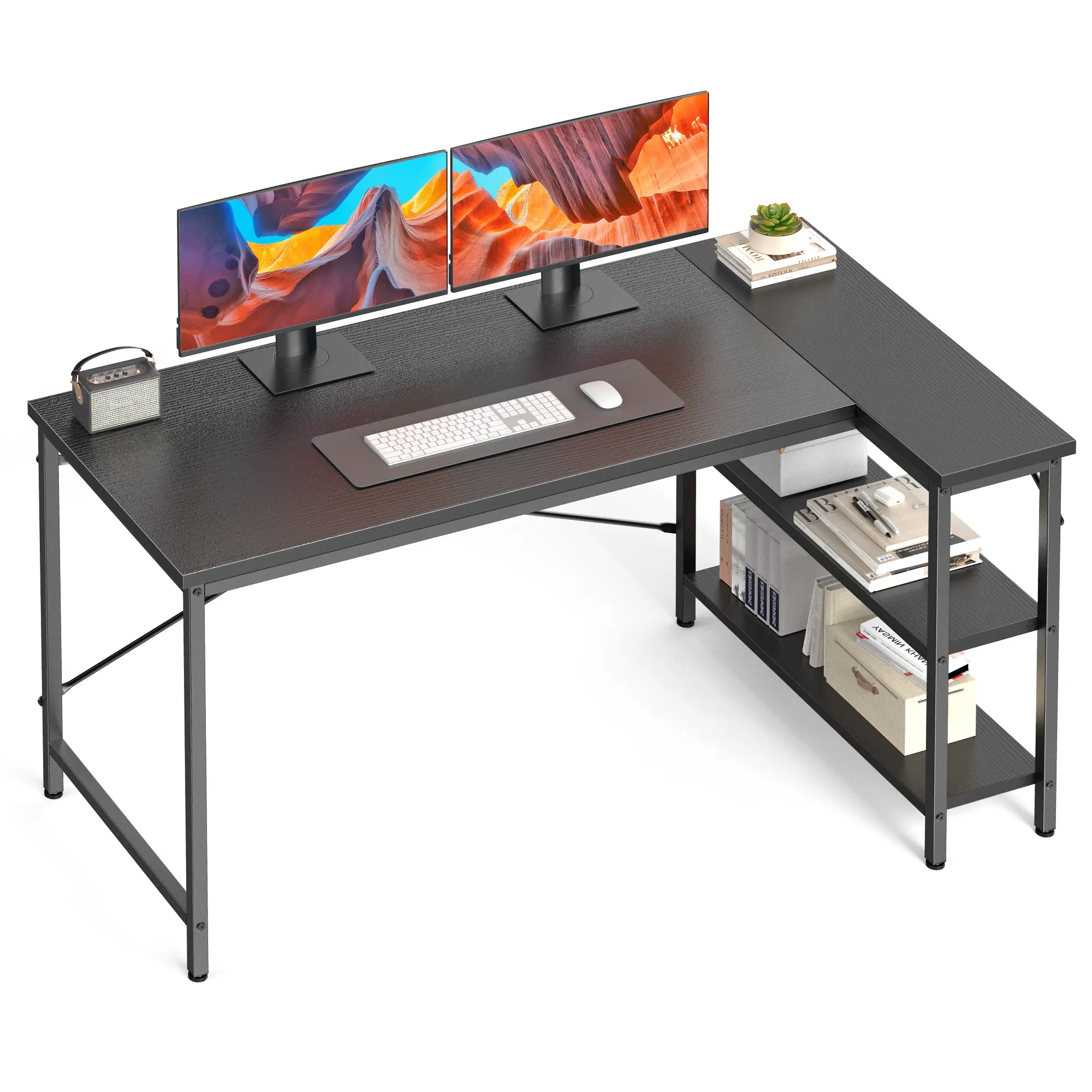 Sweetcrispy L-Shaped Corner Computer Desk - Sturdy Office Furniture with Reversible Storage Shelves, Large Workspace, Adjustable Legs, Steel Frame, Easy Setup for Work from Home, Bedroom, Dual Monitor Setup