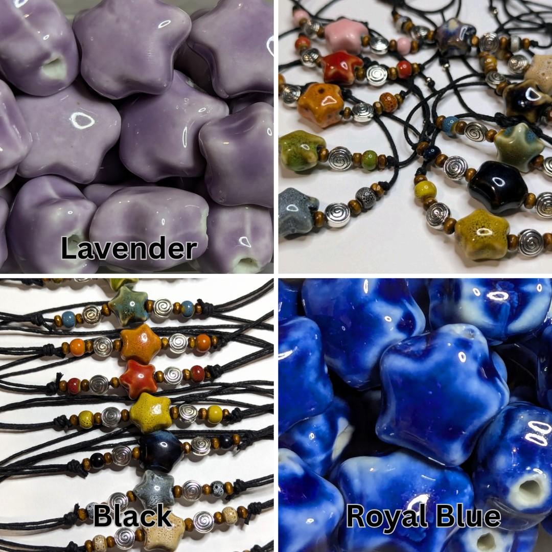 Ceramic Beaded Star Spiral Swirl Y2K Boho Hippie Whimsical Adjustable Black Rope Cord Choker Stacking Necklace jewelry