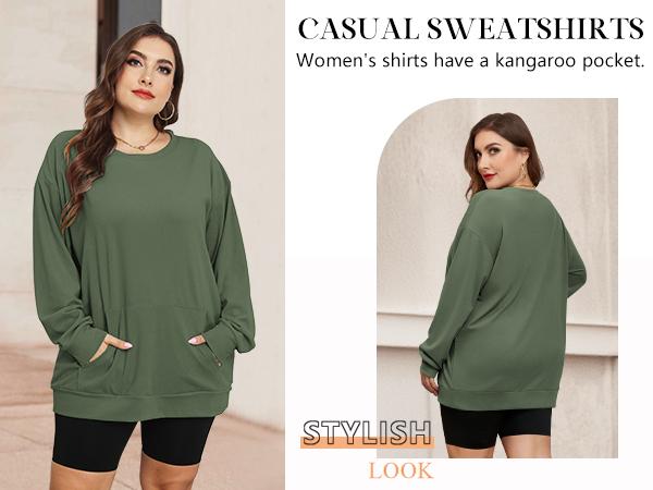 AUSELILY [Plus Size] Women's Crewneck Hoodless Sweatshirt With Kangaroo Pocket  Fleece Longsleeve Casual Style Shirt  Lightweight Pullover