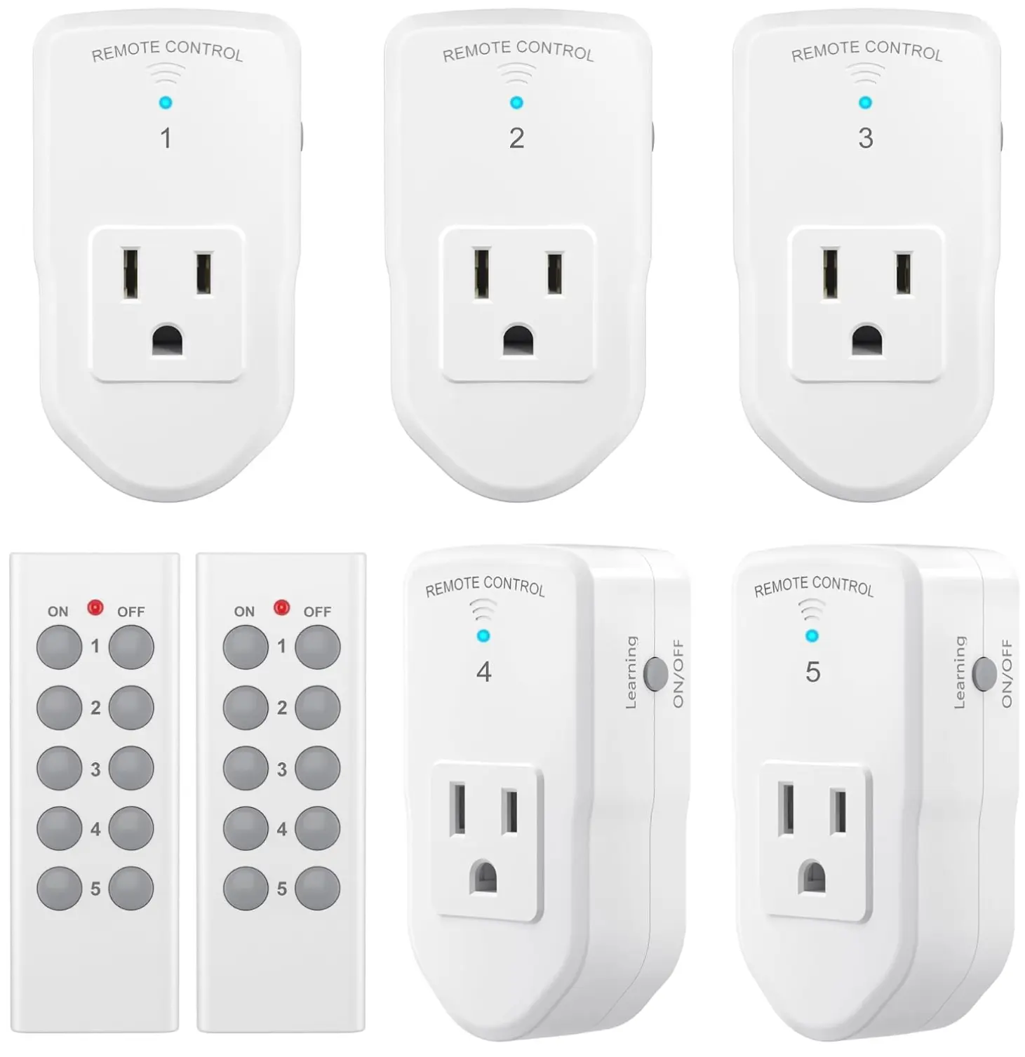 BN-LINK Wireless Remote Control Electrical Outlet Switch for Lights, Fans, Christmas Lights, Small Appliance, Long Range White (Learning Code, 5Rx-2Tx) 1200W/10A multi plugoutlet(2 Remotes + 5 Outlets )remote outlet switchenchufe inteligente