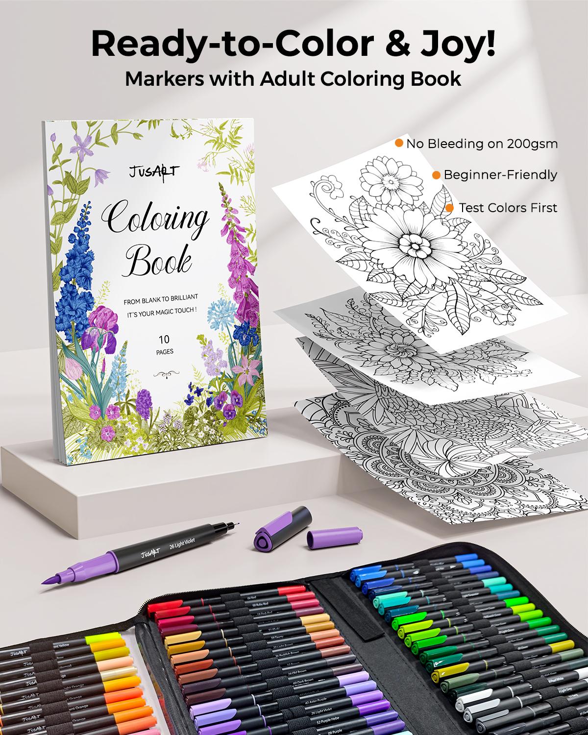 [JusArt] 100/80/60 Colors Coloring Markers with Dual Tips, Fine & Brush Pens with Ergonomic Triangle Grip & 33% More Ink, Water-Based Art Drawing Set for Adults, JusArt Markers for Adult Coloring Books No Bleeding