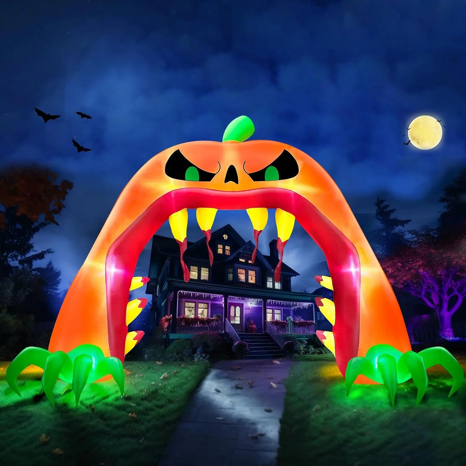 Giant Halloween Inflatables Pumpkin Archway Halloween Decorations Outdoor | 9 FT Tall 8.5 FT Width Halloween Blow Ups Scary Jack-O-Lantern Tear Open Mouth Build-in LED Lights Yard Lawn Party Arch Decor