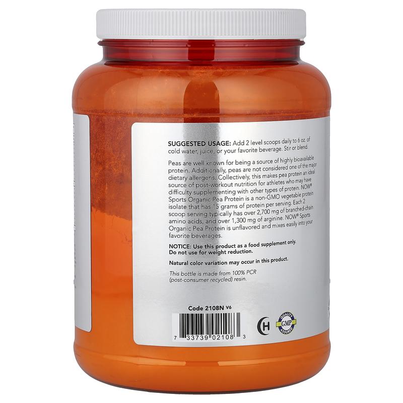 NOW Foods Sports, Organic Pea Protein Powder, Unflavored, 1.5 lbs (680 g)