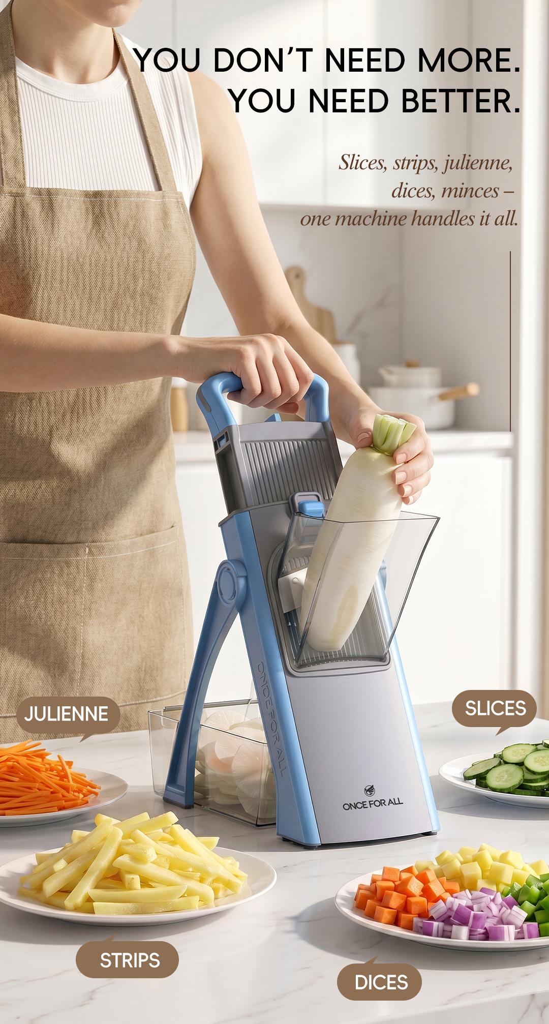 Vegetable slicer making slices strips julienne and dices