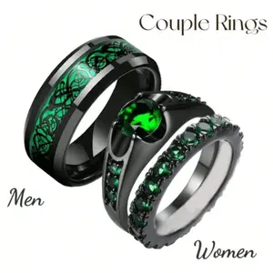 2PCS Fashion Couple Rings – Green Zirconia Ring for Her & Classic Stainless Steel Ring for Him