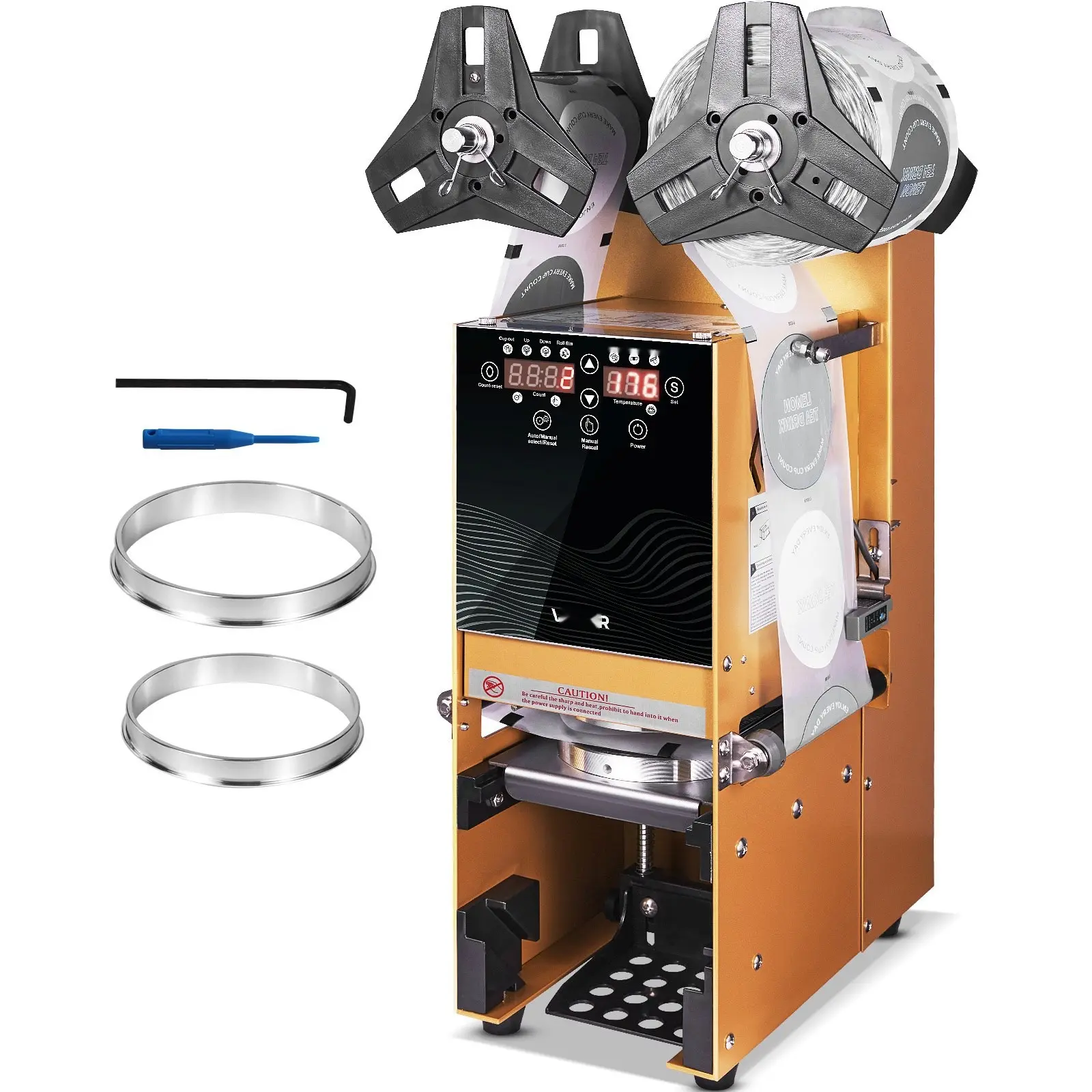 Fully Automatic Cup Sealing Machine, 500-650 Cups/H, Cup Sealer Machine for 180 Mm Tall & 90/95 Mm Cup, Electric Boba Tea Sealer with Digital Control LCD Panel for Bubble Milk Tea Coffee, Gold