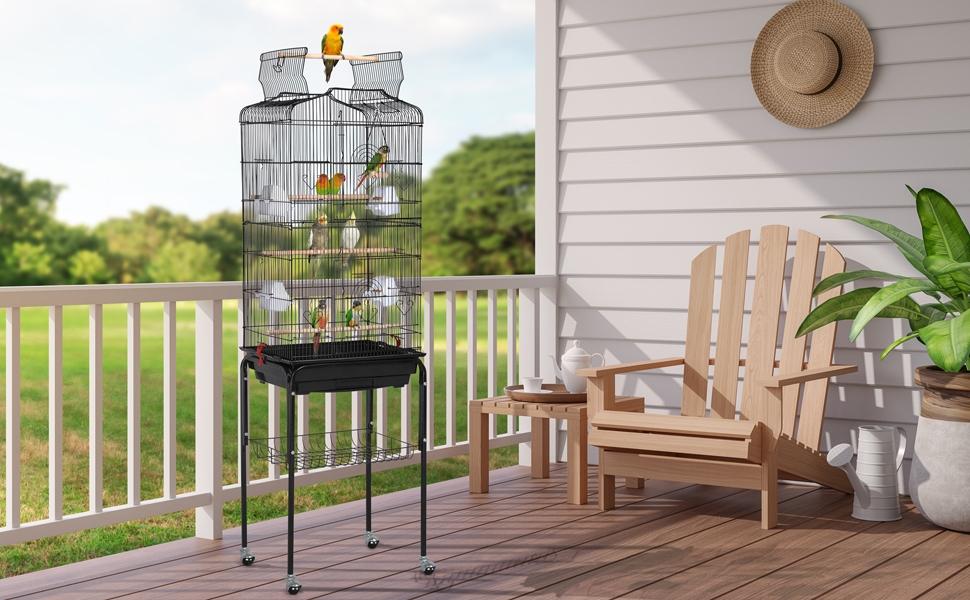 Yaheetech 64’’ H Open Top Metal Bird Cage with Double Doors & Slide-out Tray & Four Feeders & Detachable Rolling Stand