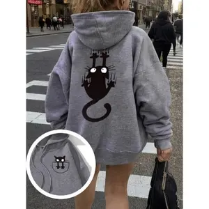 R11 Fashionable girl Stylish Grey Hoodie with Adorable Cat Graphic Print, Women's Casual Winter Pullover, Medium Elasticity, Hand Wash or Dry Clean, Perfect for Casual Attire, Cozy Hoodie | Hooded Sweatshirt | Comfortable Fit, Sweater Hoodi